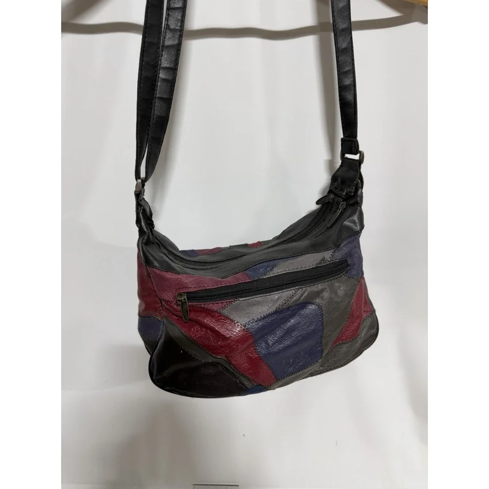 Vintage 80s Tinder Leather Patchwork Purse VTG Pockets Colorblock Fast Ship